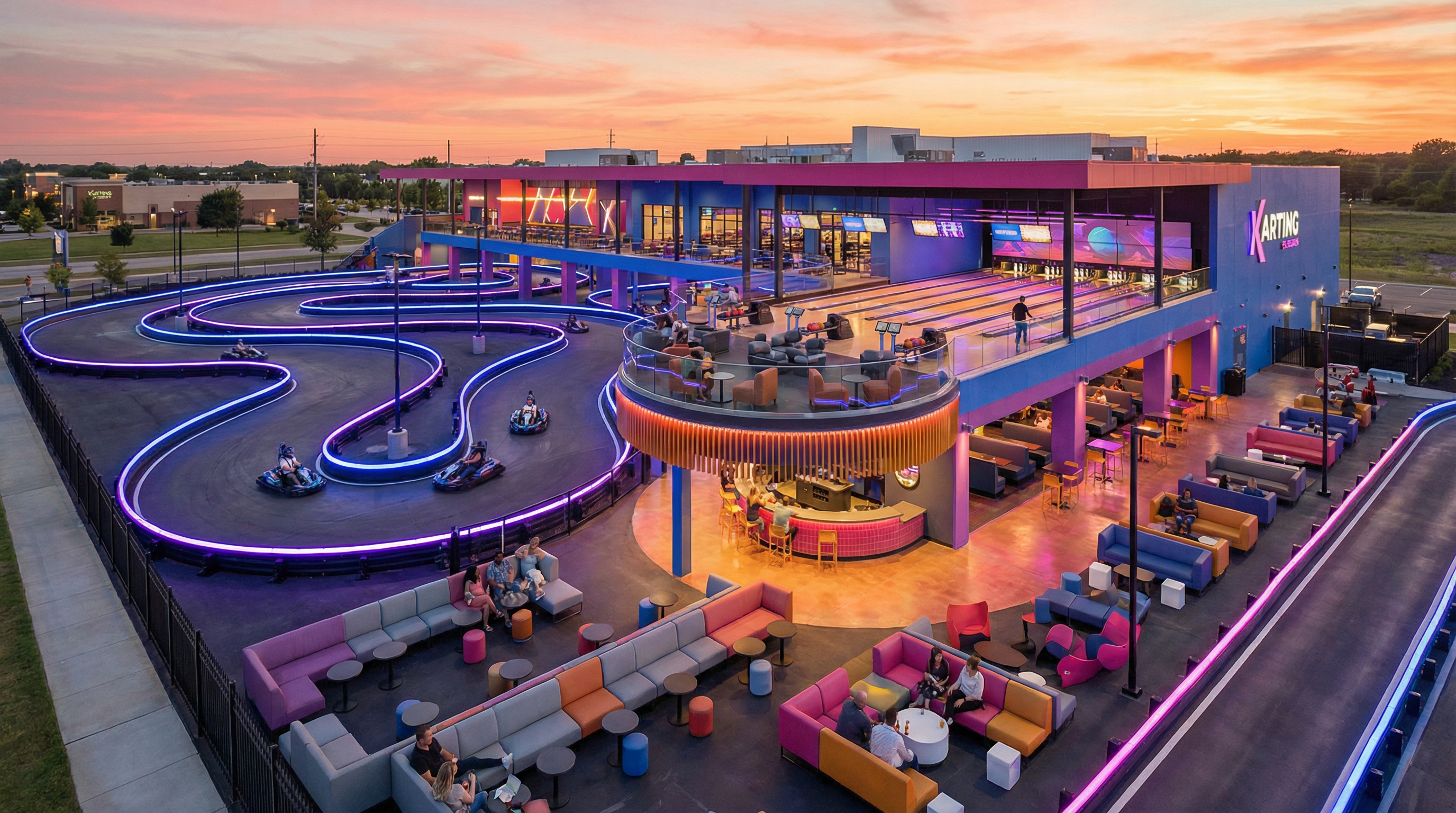Vue d'ensemble d'un complexe de loisirs moderne avec pistes de karting, bowling et espaces lounge