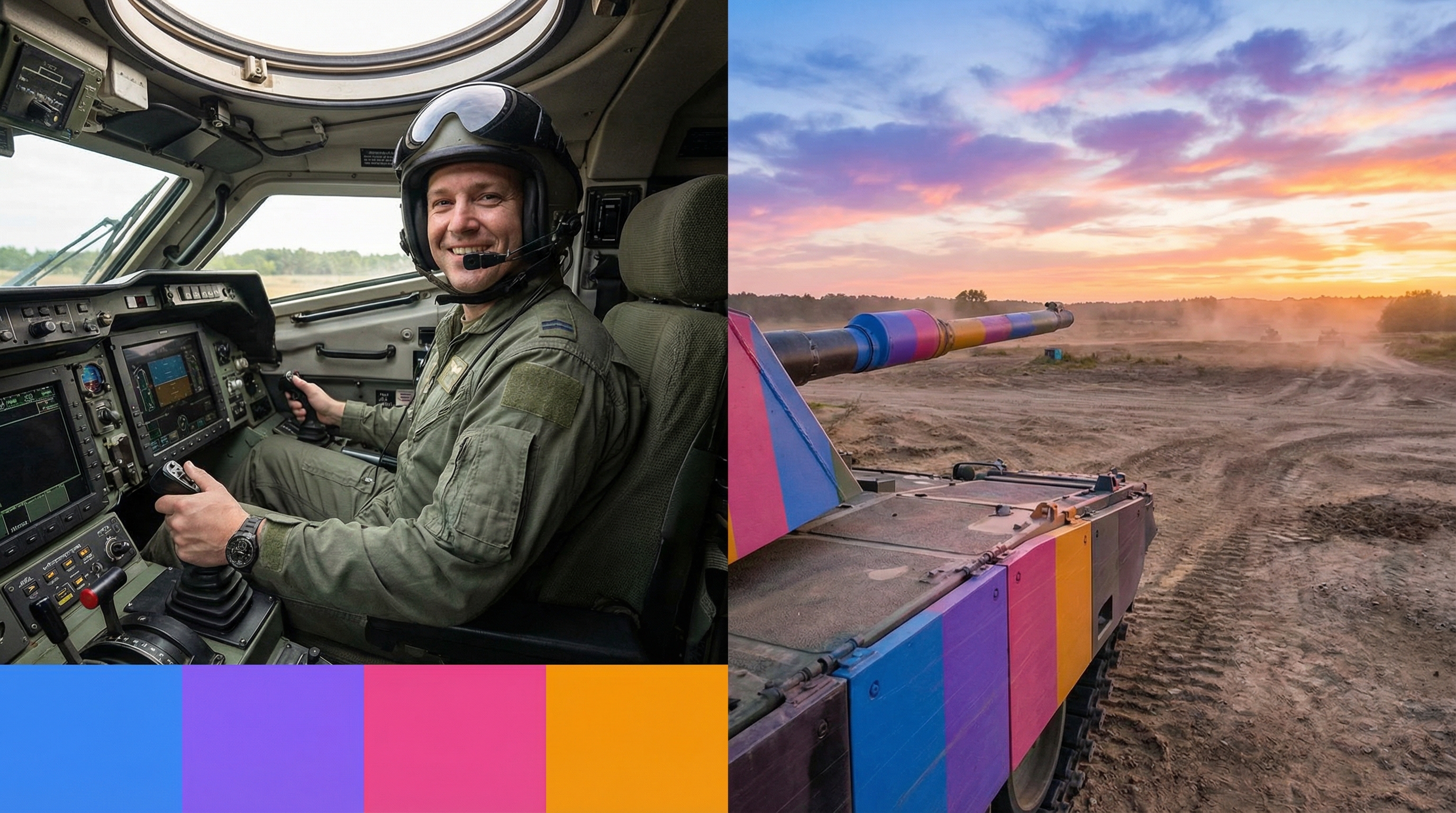 Pilote au poste de conduite d'un tank militaire lors d'une expérience de loisir