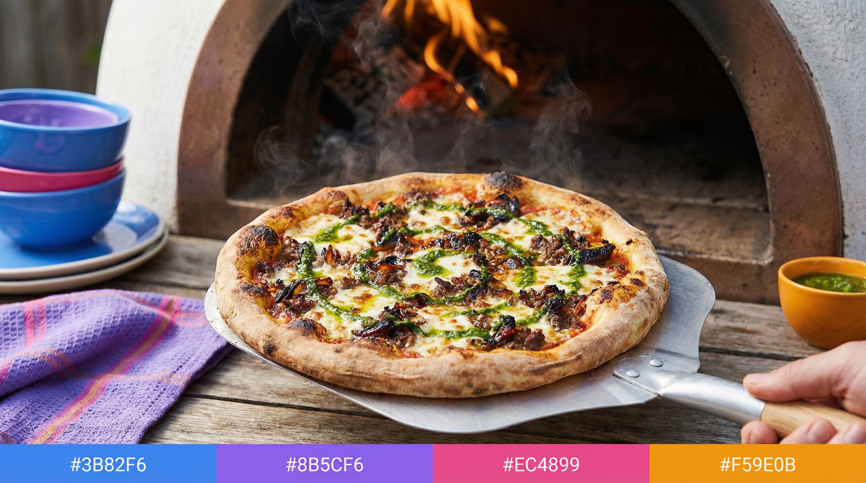 Pizza sexy au veau haché et chèvre cendré sortant du four, avec un filet d'huile au pesto