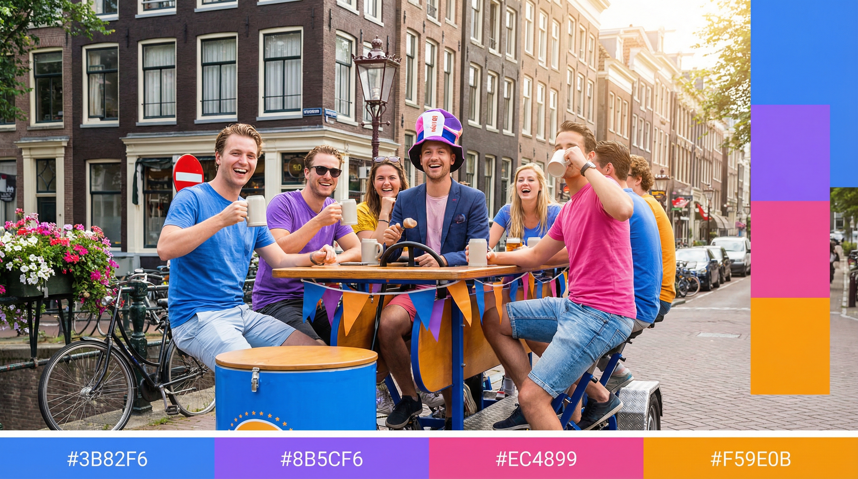 Groupe d'amis faisant du beer bike dans les rues d'Amsterdam pour un EVG