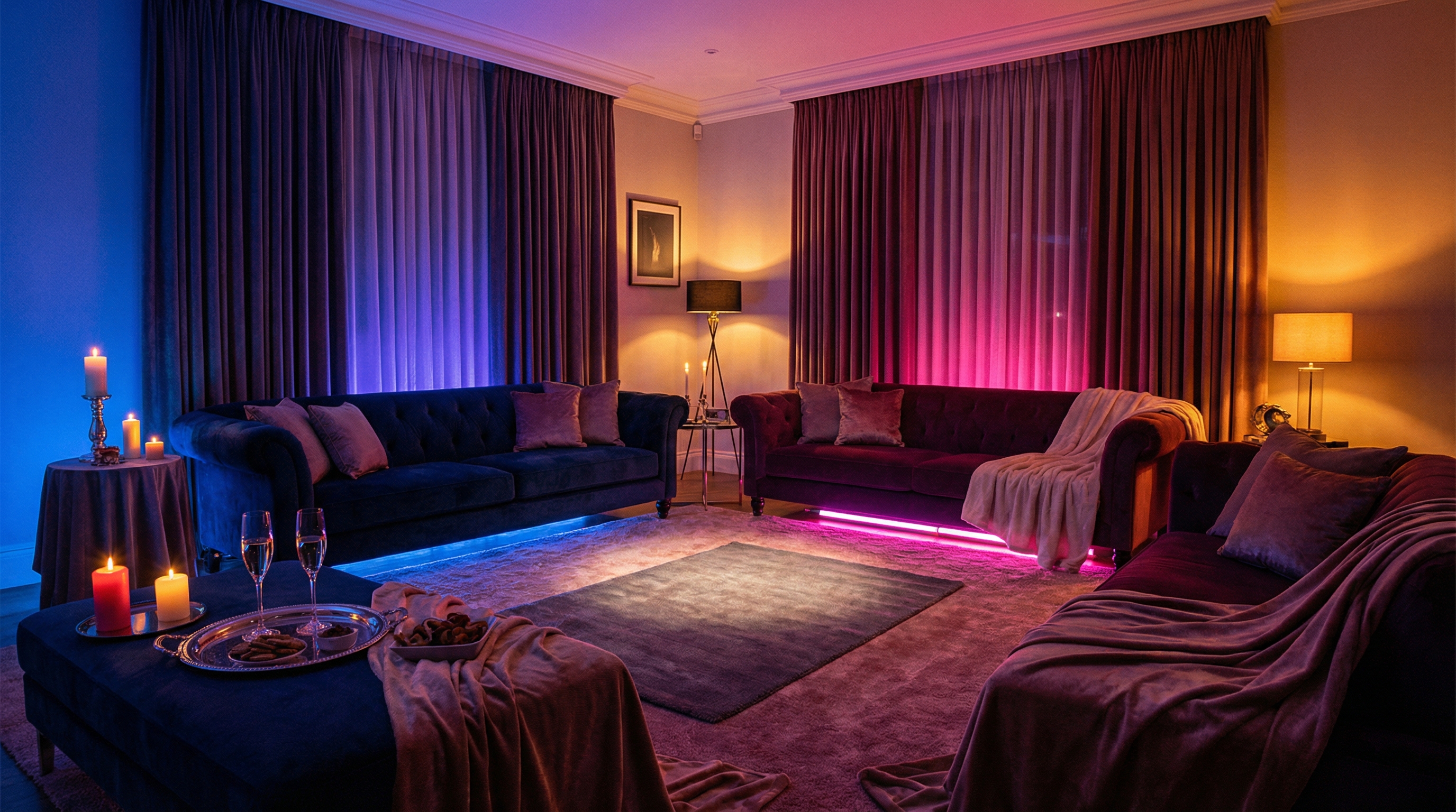 Ambiance feutrée d'un salon préparé pour un spectacle de strip-tease à domicile