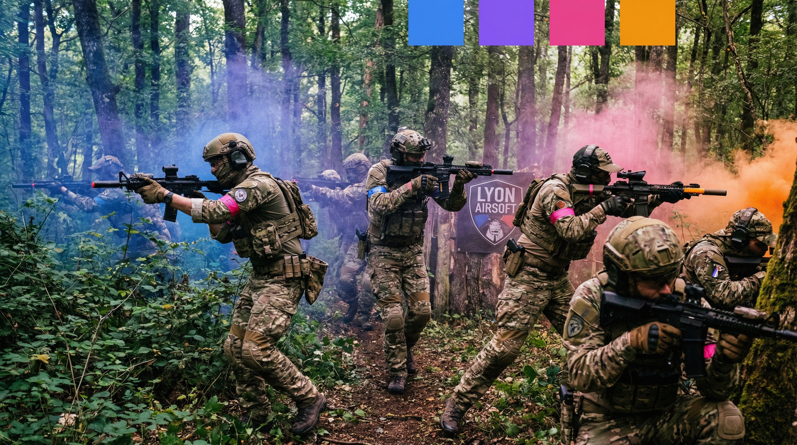 Joueurs d'airsoft en action sur un terrain boisé près de Lyon