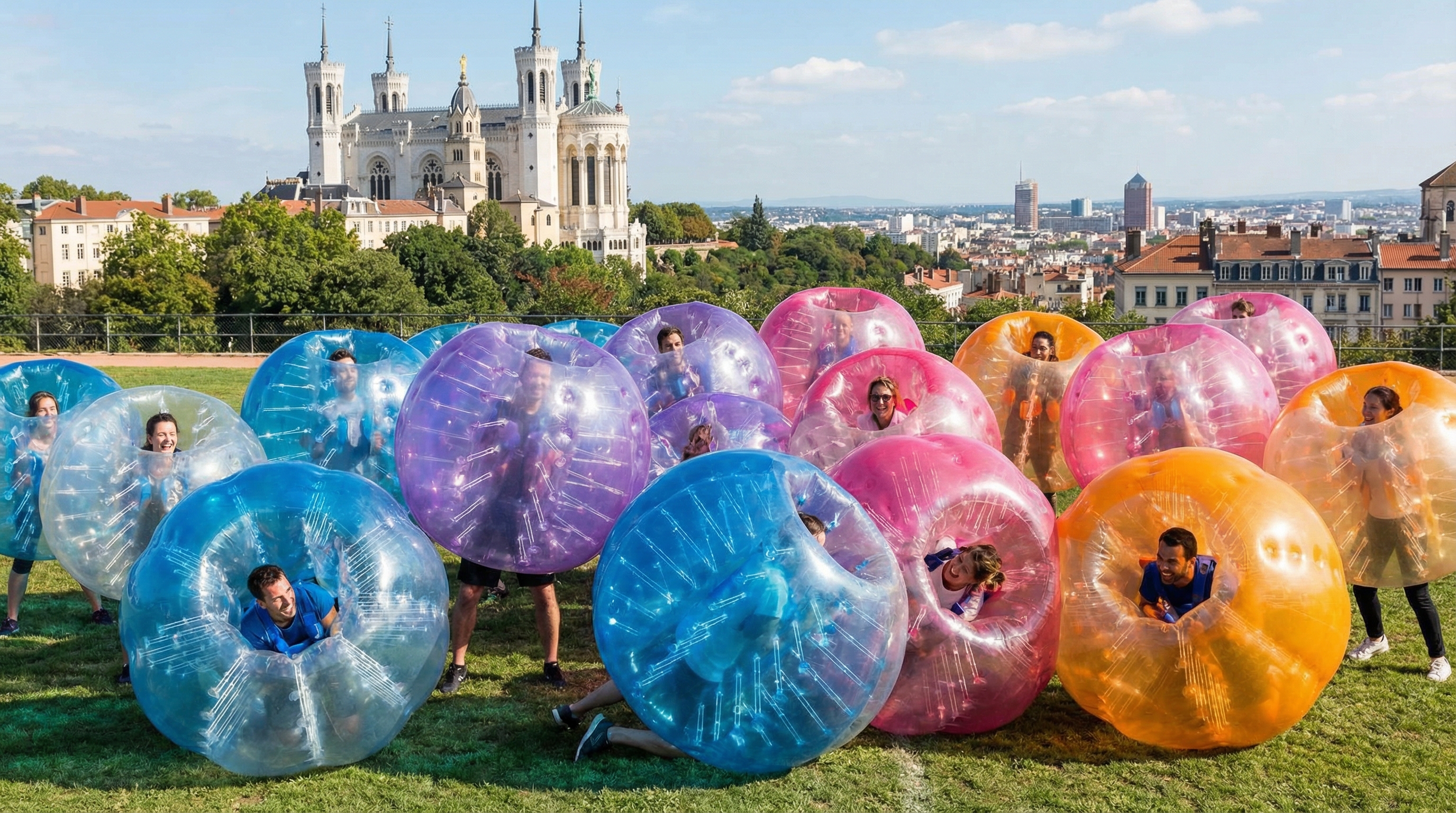 Une équipe d'entreprise s'amusant pendant une session de bubble foot à Lyon pour un team building