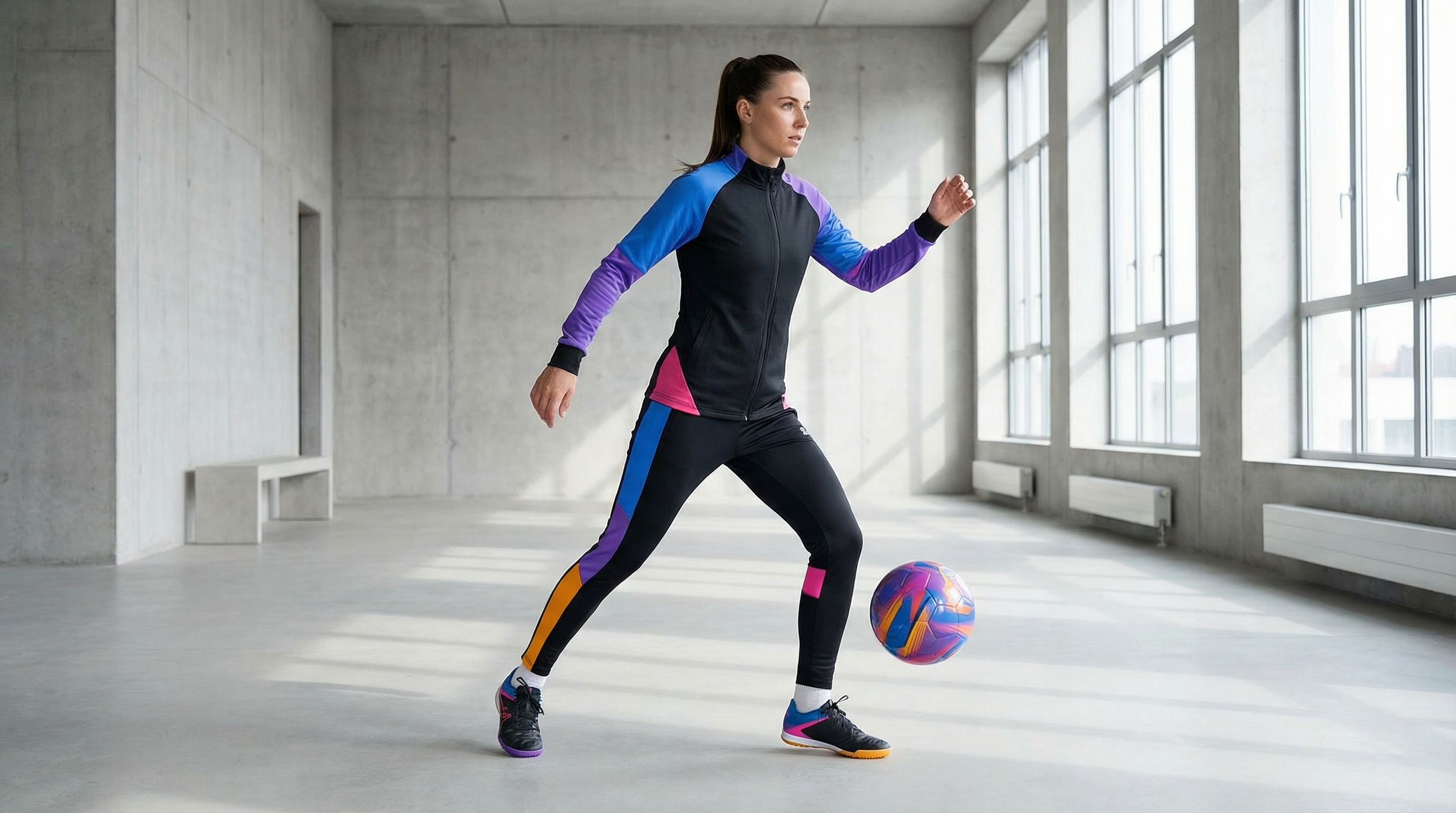 Mannequin femme en tenue de sport posant avec un ballon de football dans un studio lumineux et moderne