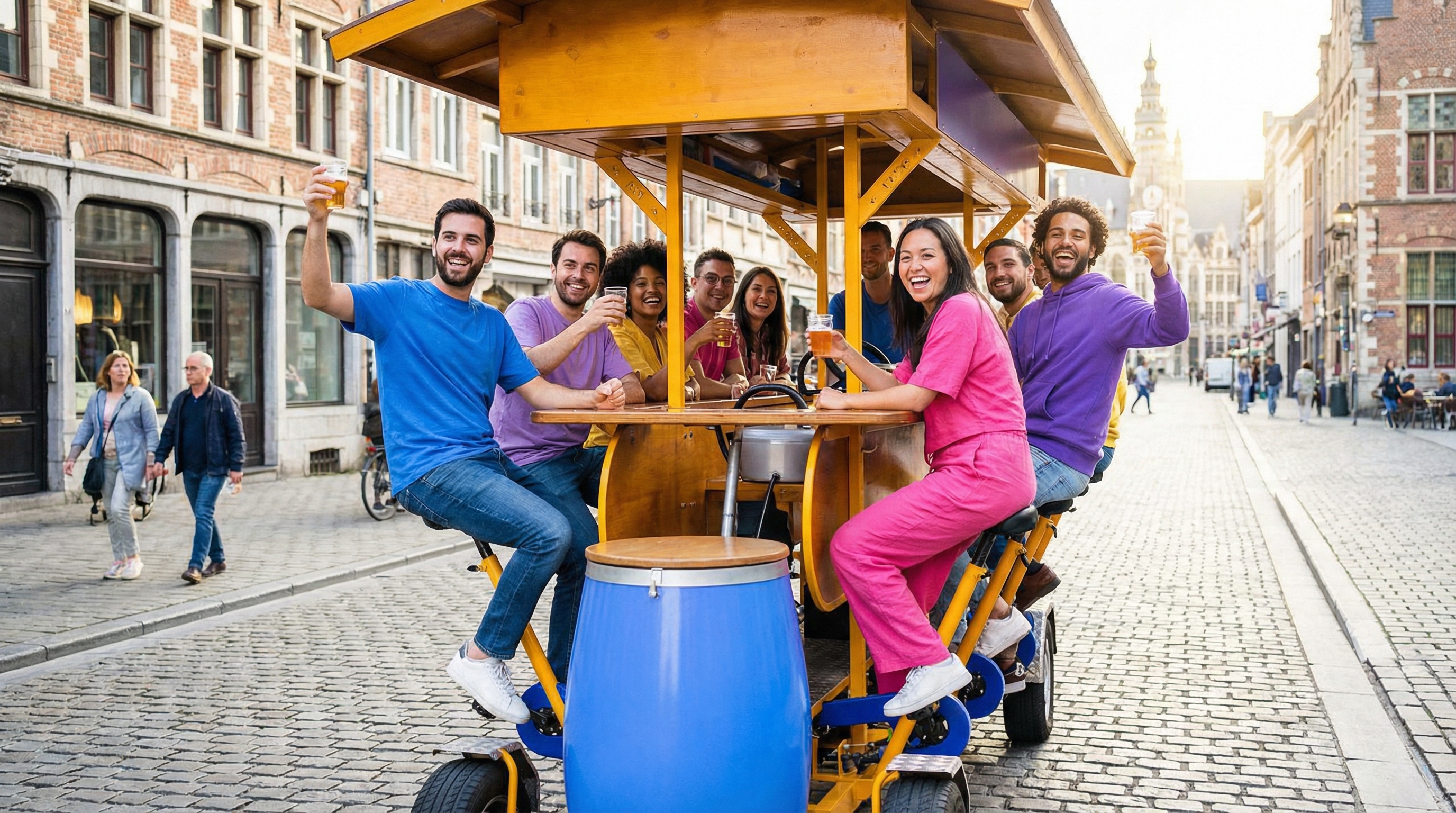 Groupe d'amis souriants pédalant sur un beer bike en centre-ville