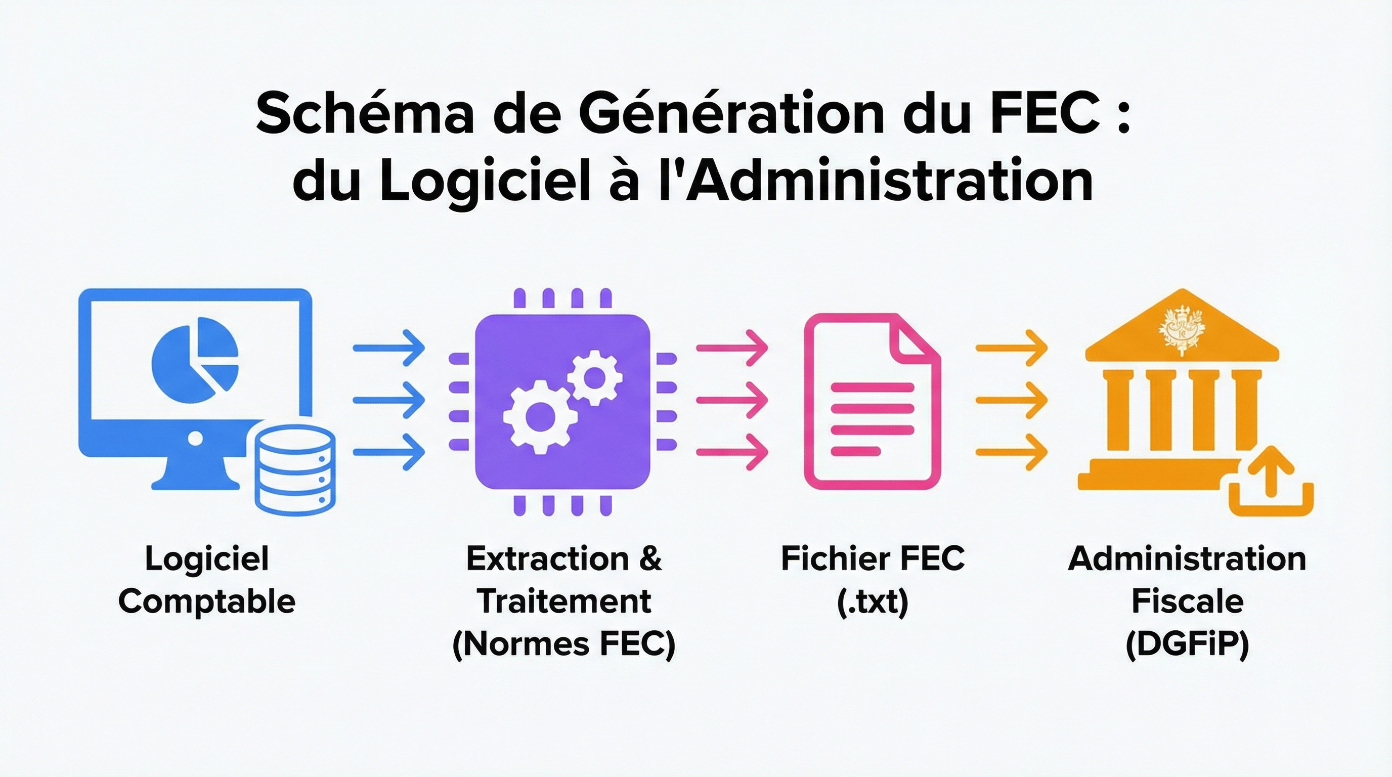 Schéma illustrant la génération du Fichier des Écritures Comptables (FEC) à partir d'un logiciel comptable vers l'administration fiscale