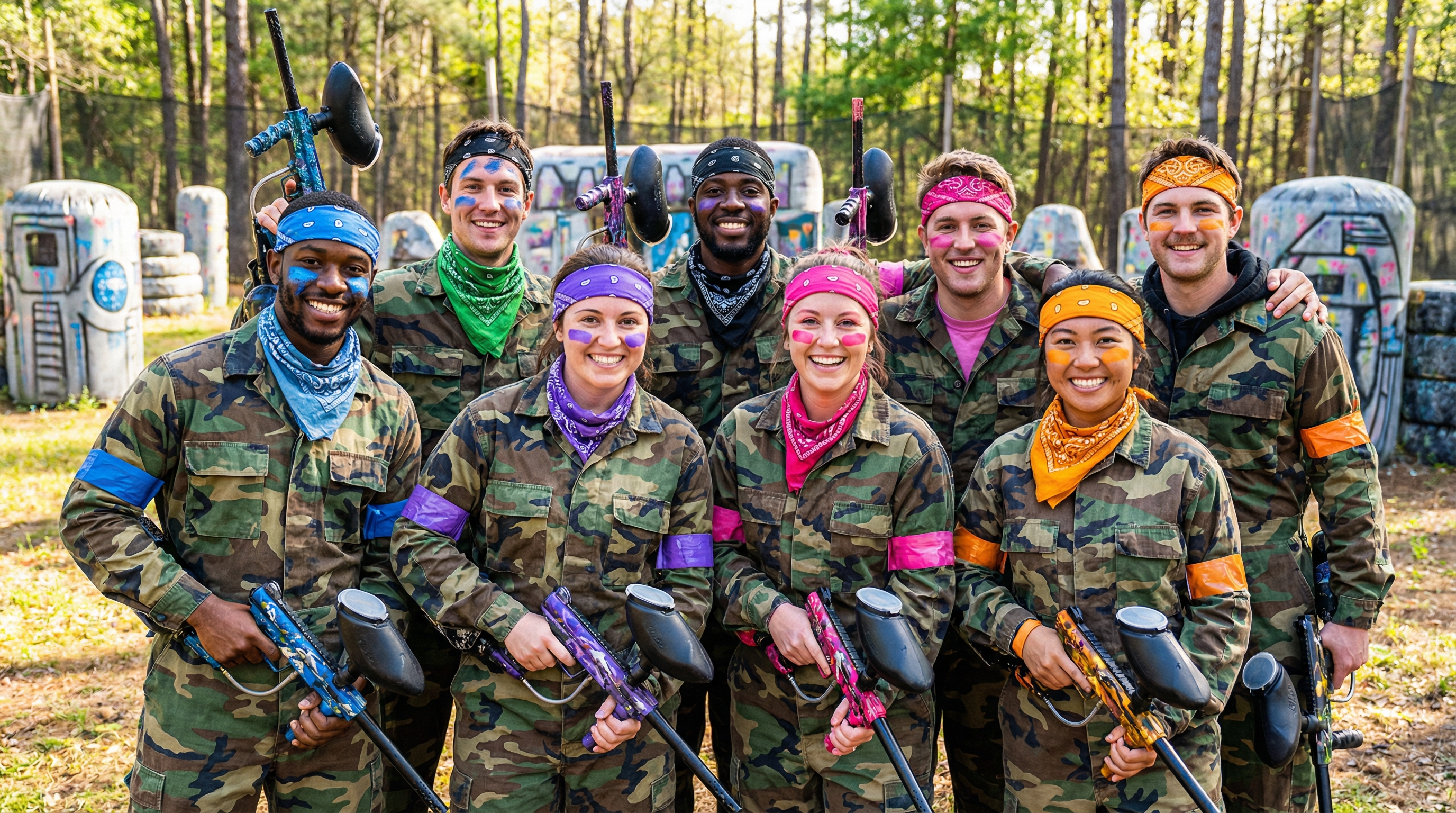 Groupe d'amis en tenue de camouflage souriant avant une partie de paintball à thème