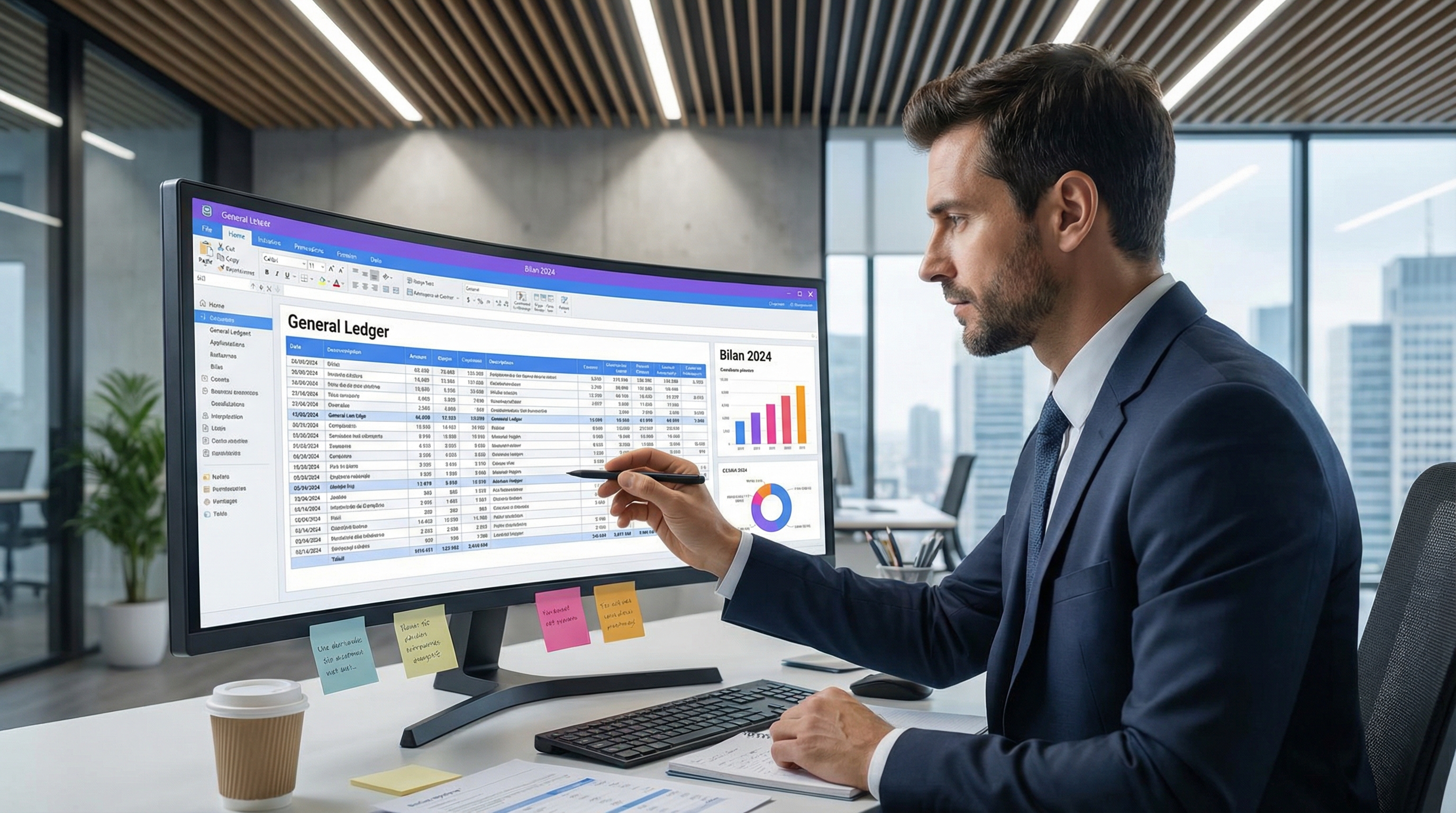 Comptable analysant un grand livre sur un écran d'ordinateur pour préparer le bilan