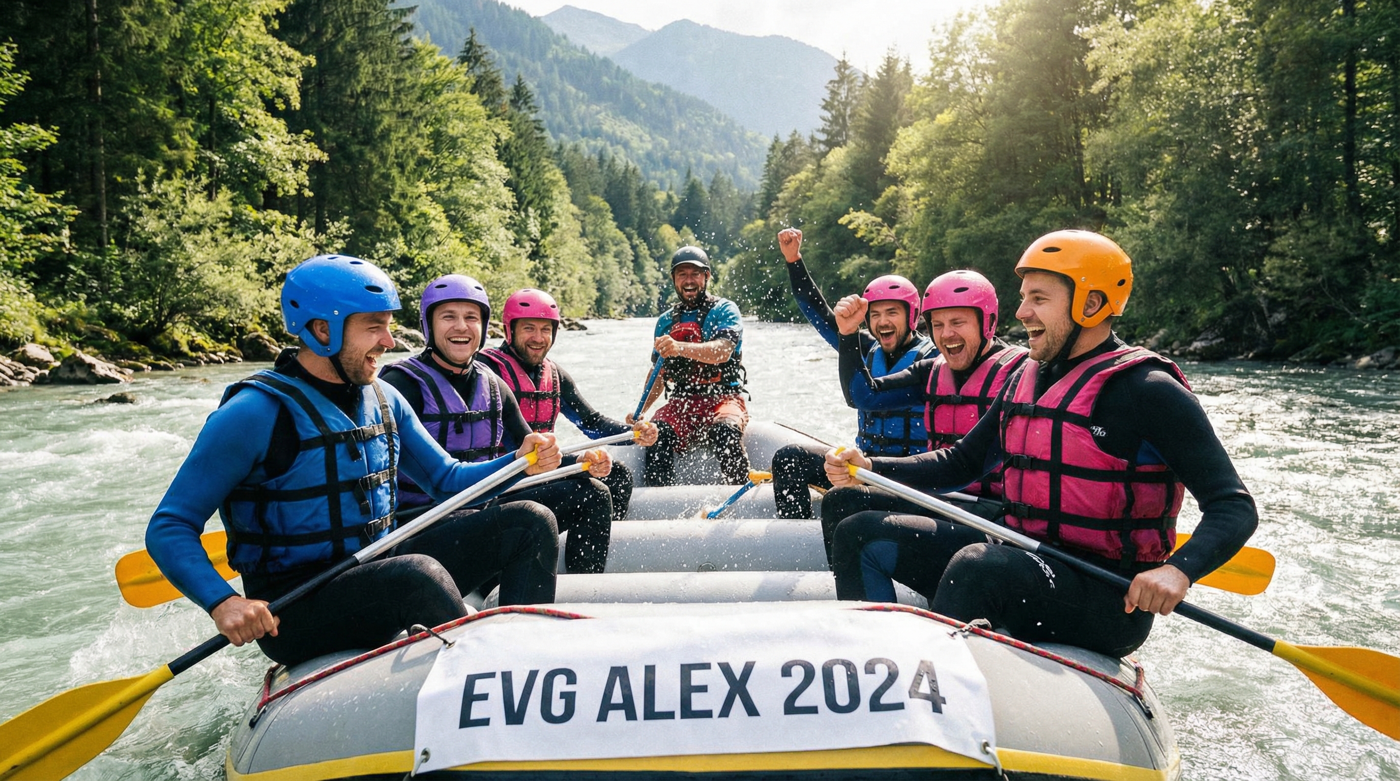 Groupe d'amis célébrant un EVG lors d'une activité de rafting en pleine nature