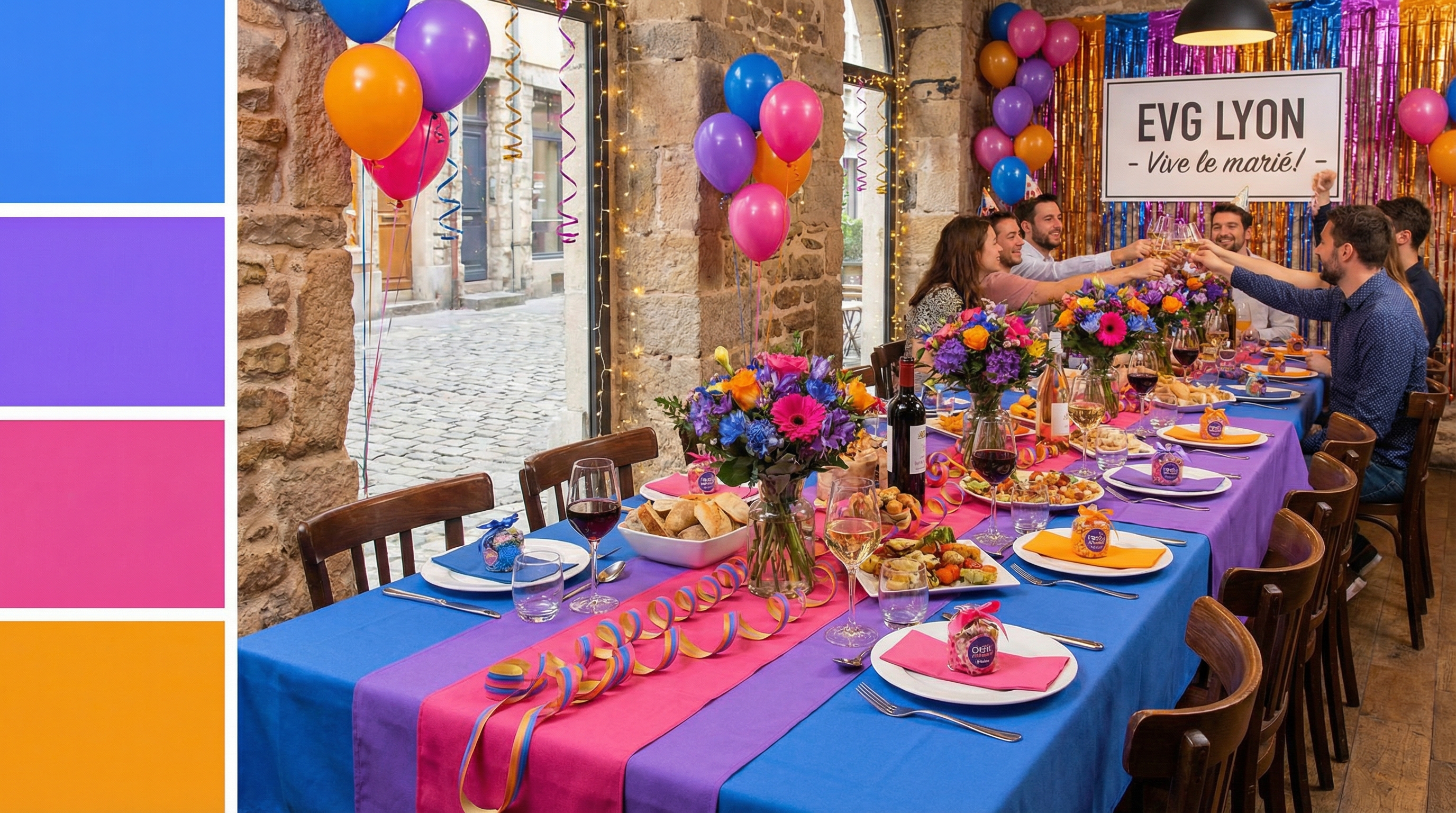 Table dressée pour un groupe dans un restaurant festif à Lyon pour un EVG