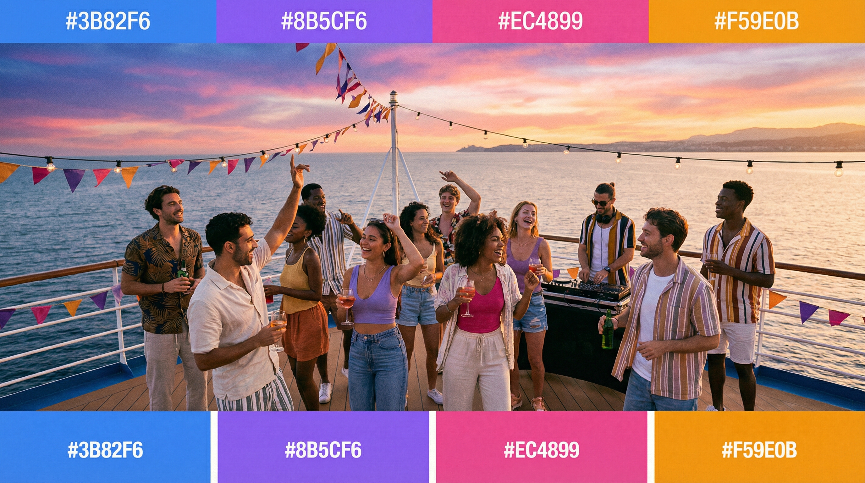 Jeunes faisant la fête sur le pont d'un bateau de croisière au coucher du soleil