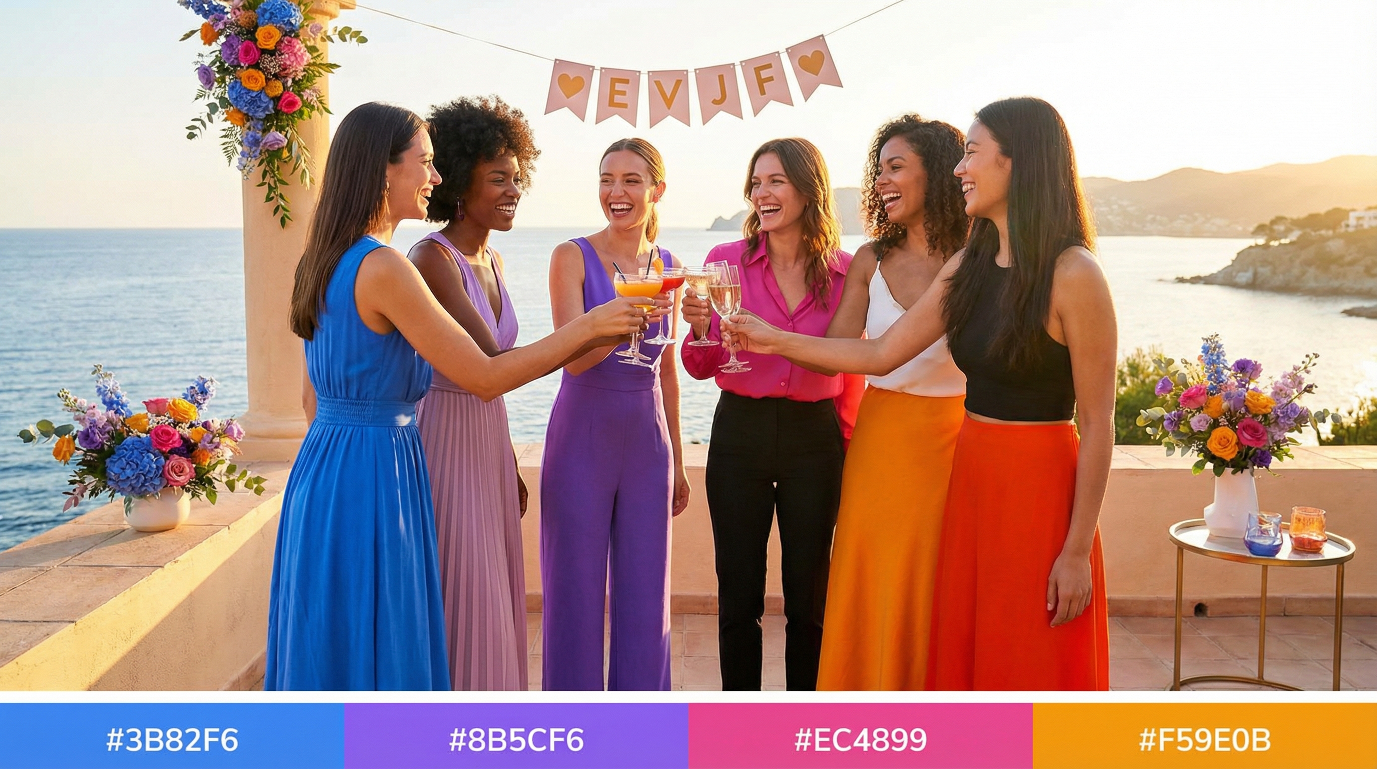 Un groupe d'amies trinquant sur une terrasse avec vue sur la mer pour un EVJF