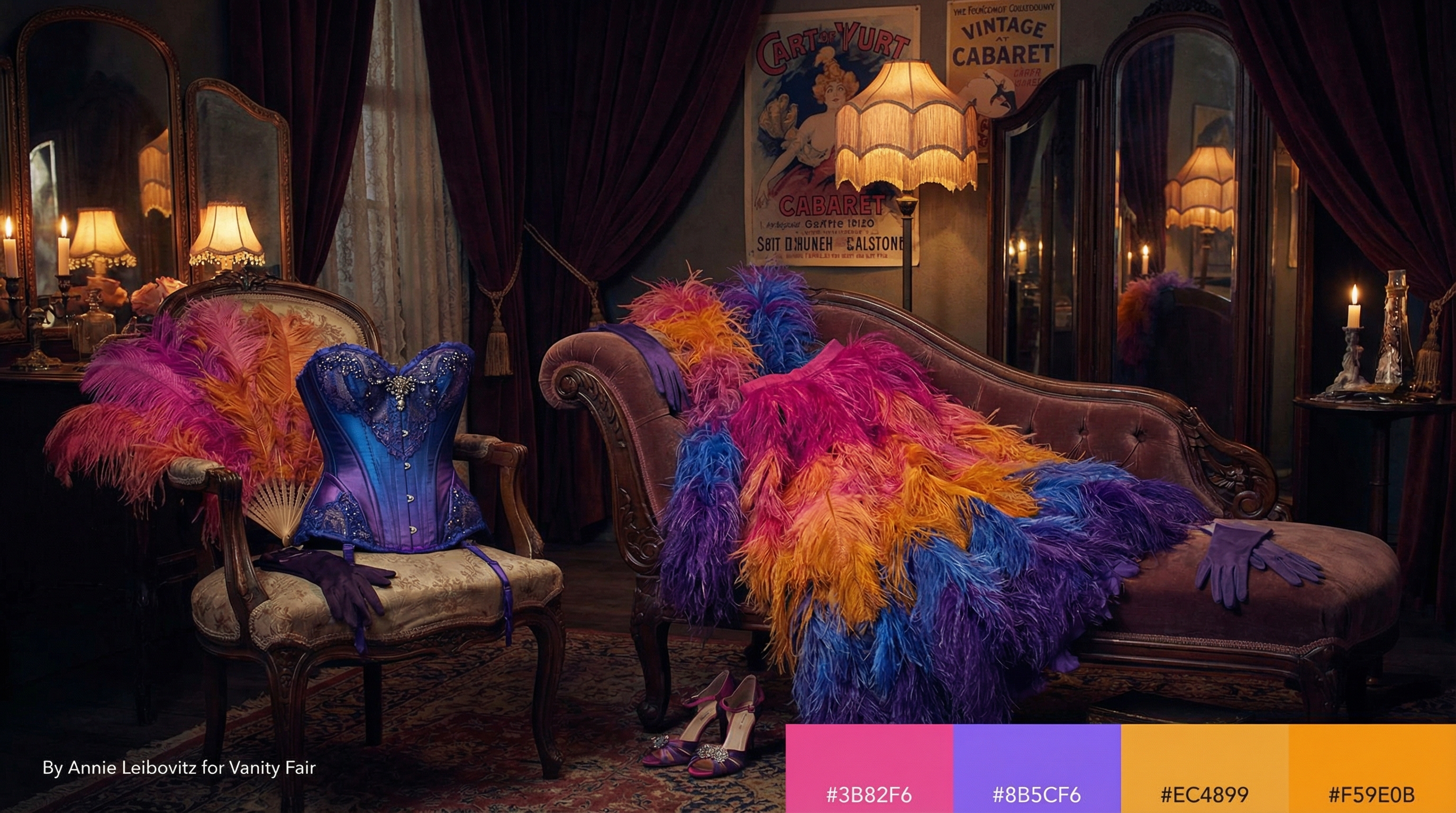 Une tenue de style burlesque avec des plumes et un corset posée sur une chaise dans une ambiance tamisée.