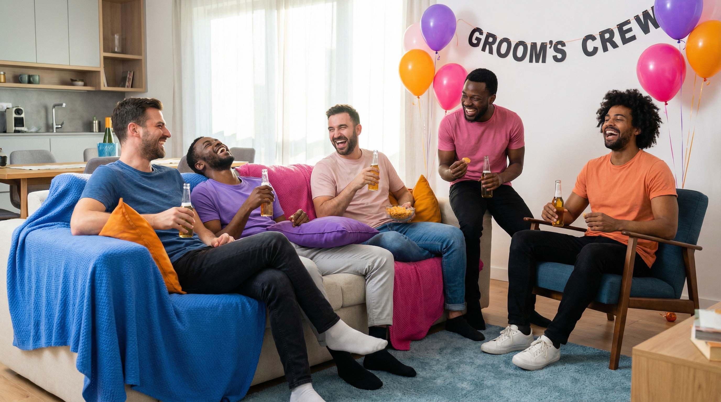 groupe d'amis riant dans un salon d'appartement loué pour un EVG