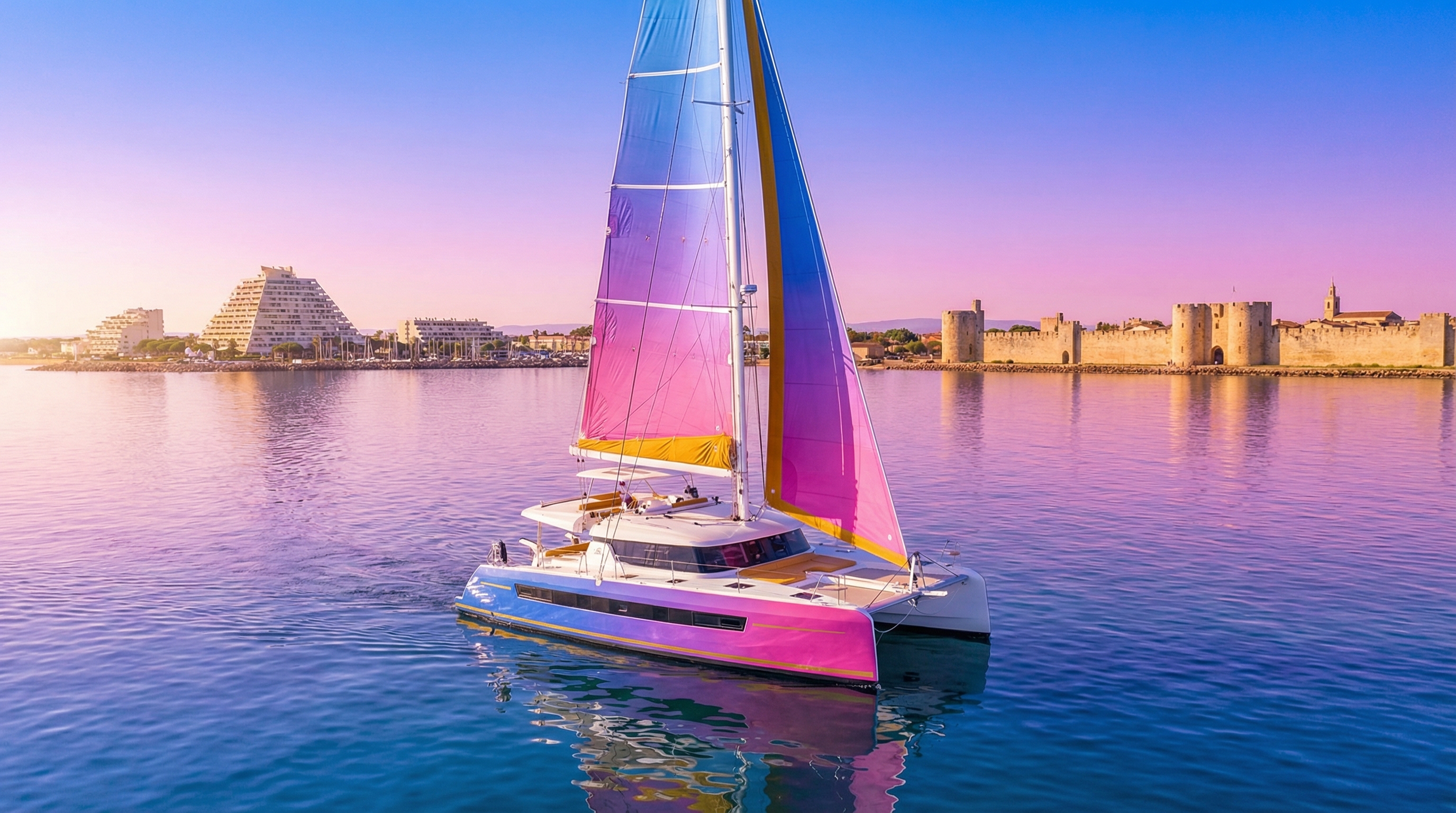 Un grand catamaran naviguant dans la baie d'Aigues-Mortes au large de La Grande-Motte par une journée ensoleillée