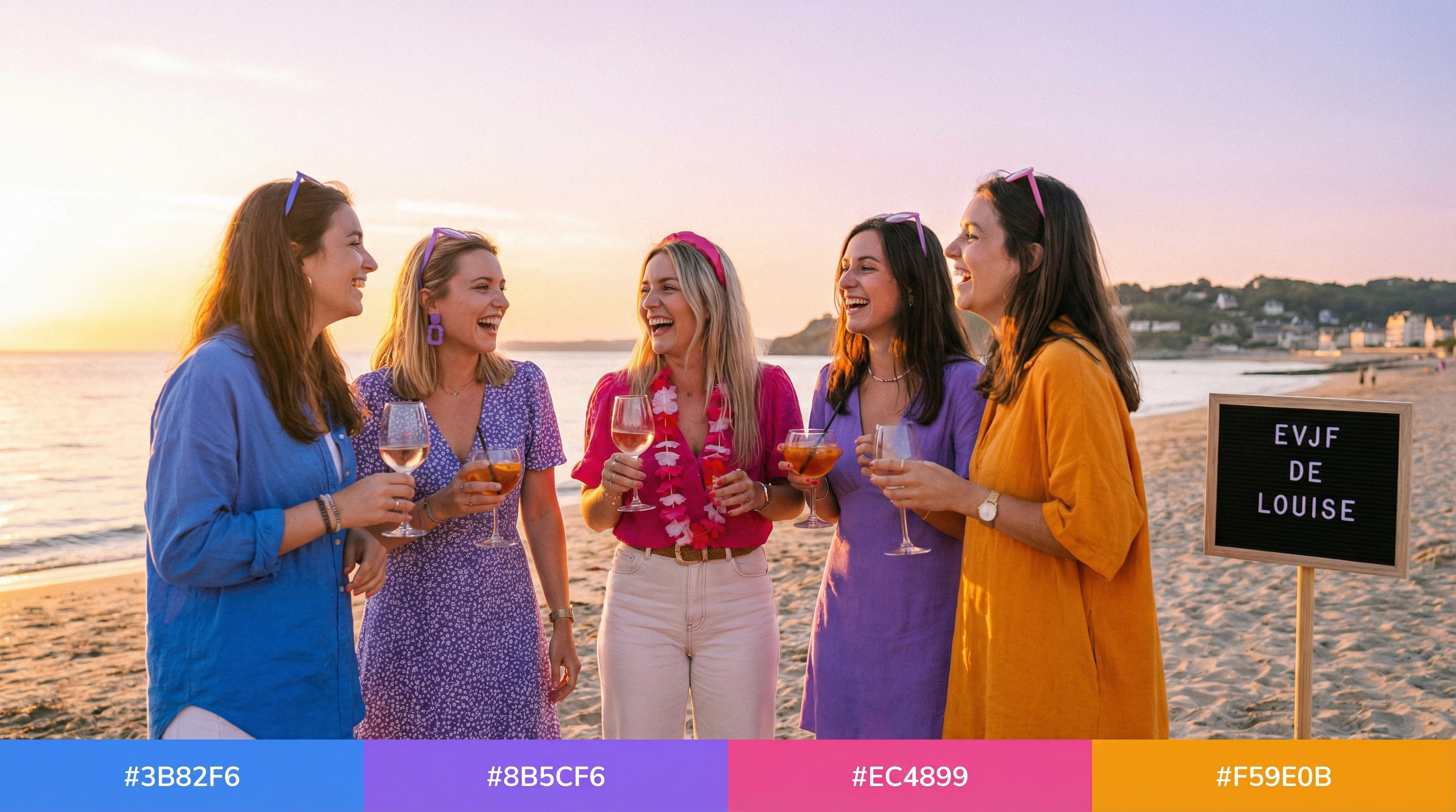 Groupe d'amies célébrant un EVJF sur une plage en France avec un verre à la main au coucher du soleil