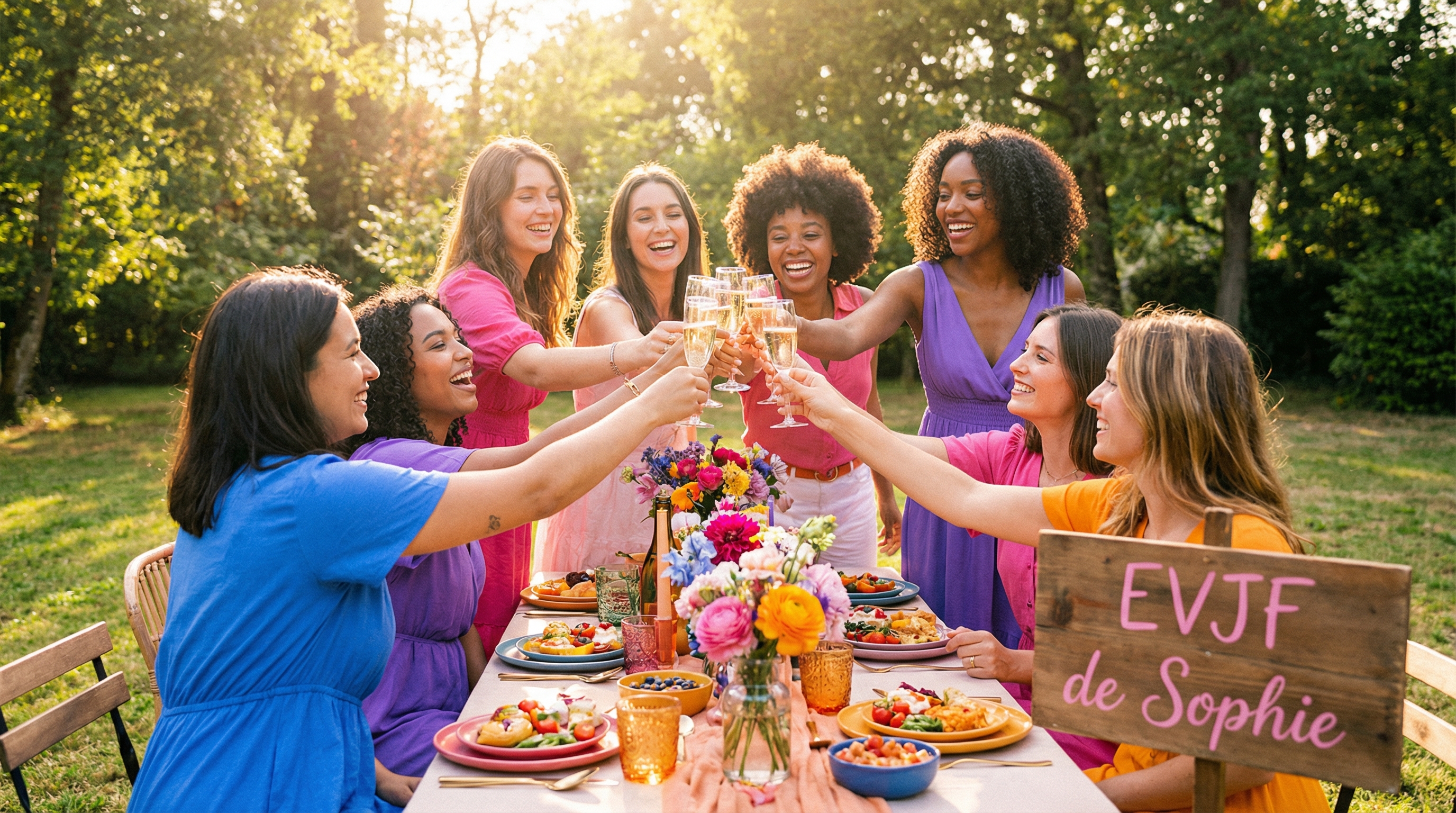 Groupe d'amies trinquant pendant un brunch d'EVJF dans un jardin ensoleillé