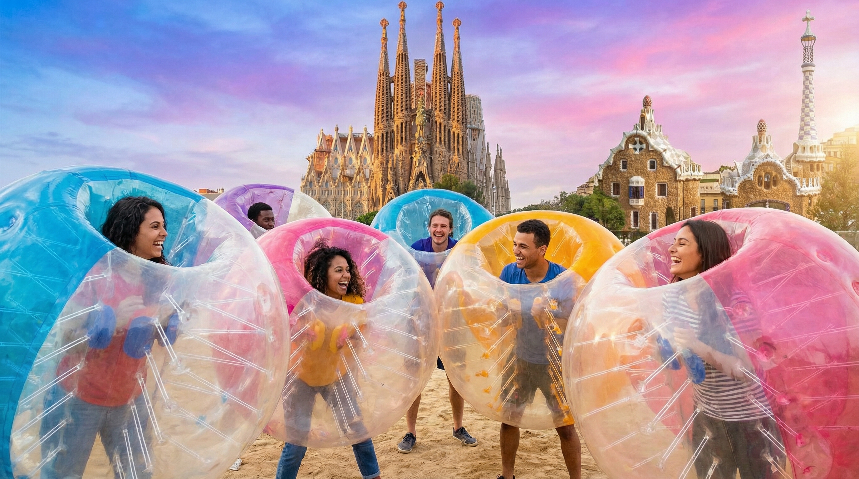 Groupe d'amis s'amusant pendant une partie de bubble foot à Barcelone