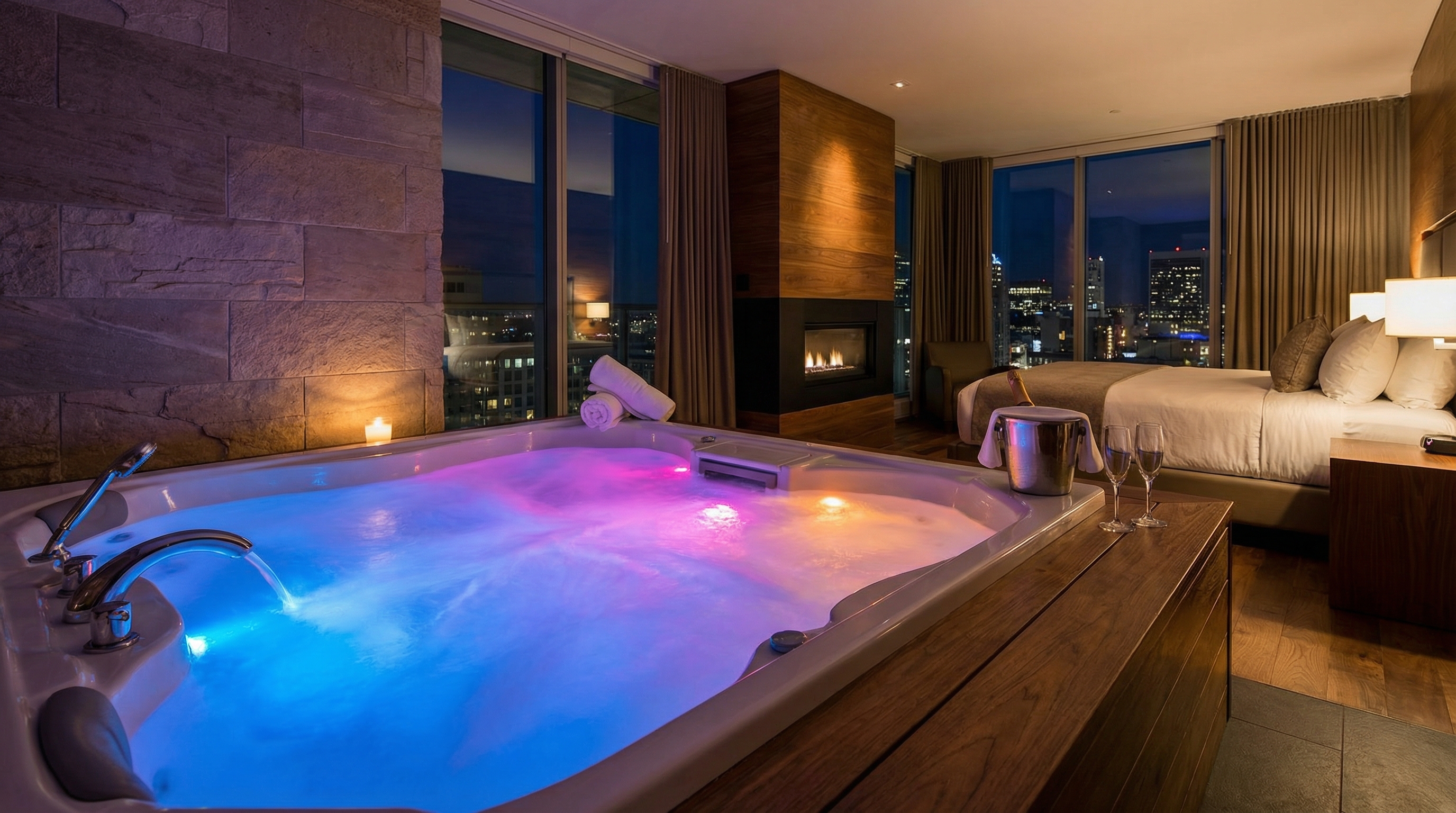 Ambiance tamisée d'une suite avec jacuzzi privatif et éclairage LED coloré