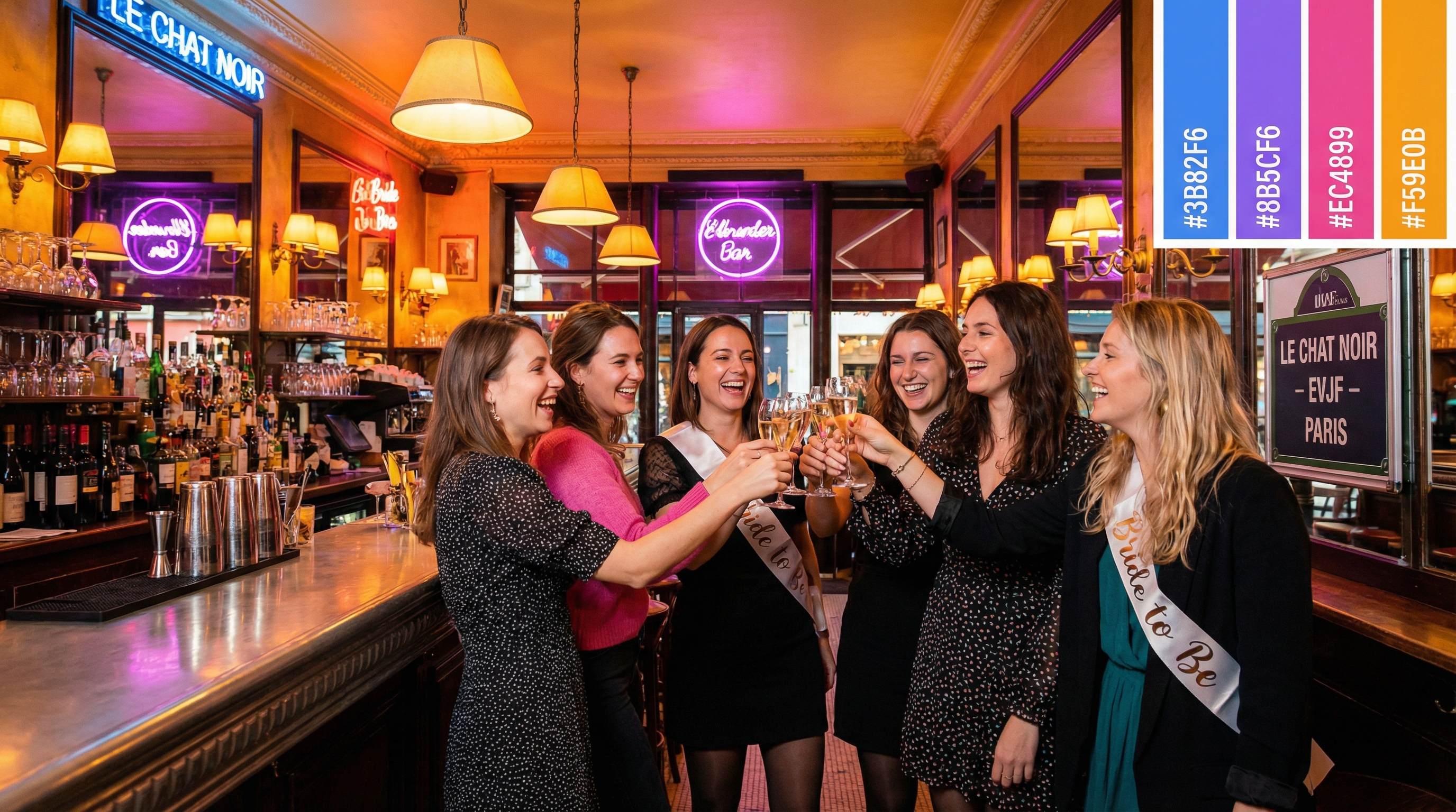Groupe d'amies trinquant dans un bar animé à Paris pour un EVJF