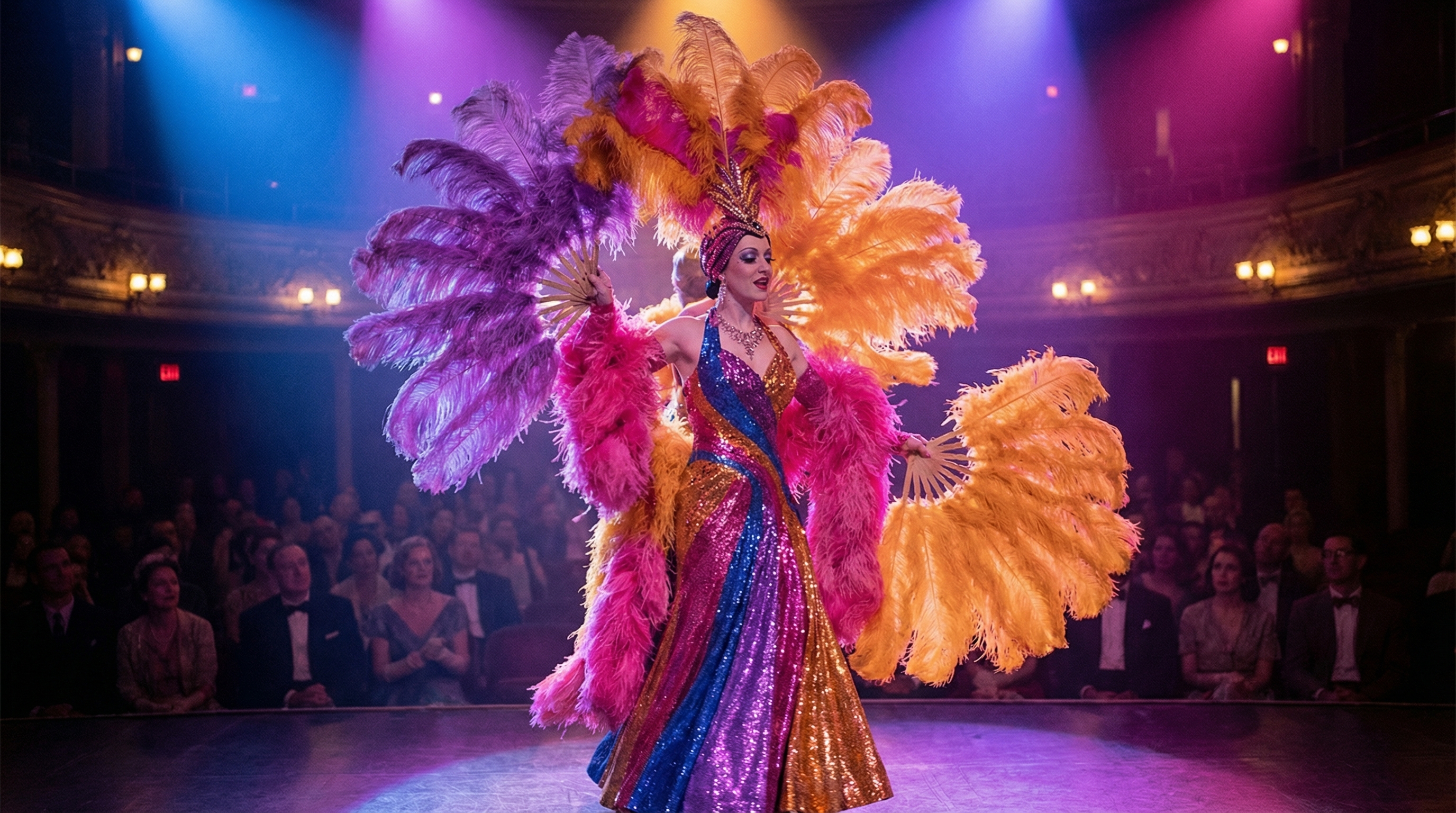 Artiste burlesque sur scène avec des plumes et un costume glamour